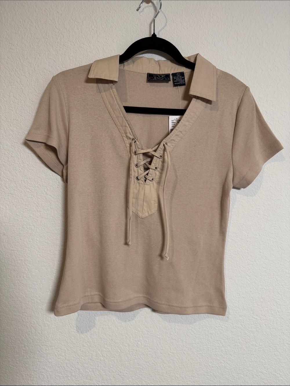 Vintage Y2k NWT Deadstock Eye Candy Tan Collared Lace Up Front Tee Shirt